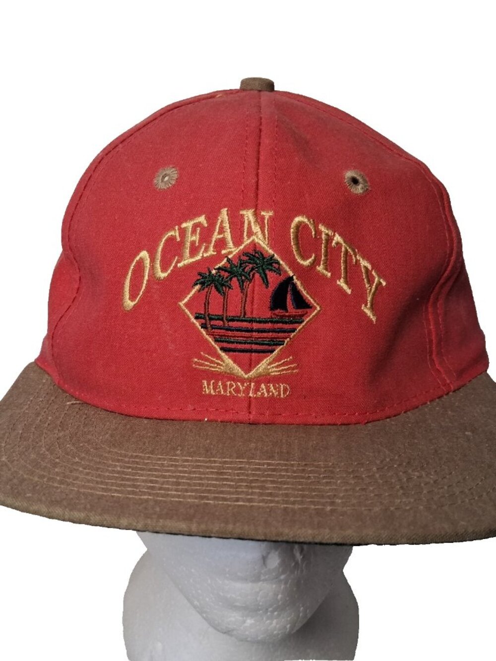 Vintage 1990s Ocean City Maryland Cap Hat Beach Red Tan Colorblock Beach Travel